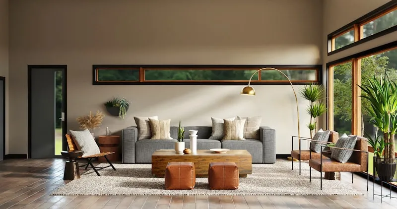 Salon contemporain rénové aux matériaux nobles, intérieur d'exception sur la Côte d'Azur