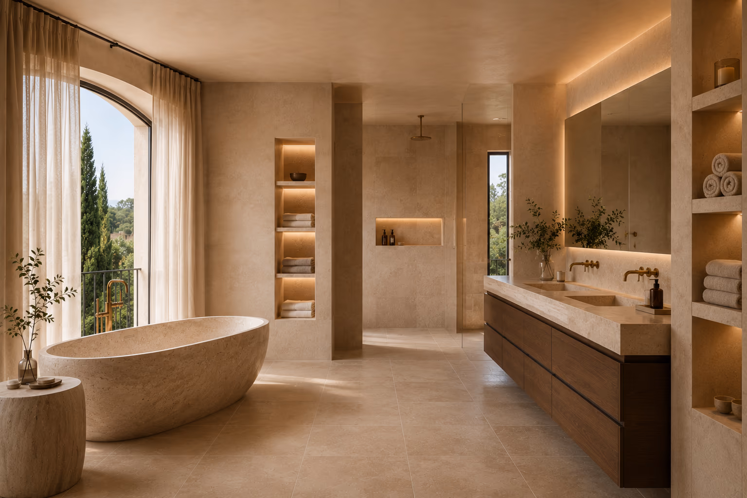 Salle de bain après rénovation, travertin, baignoire îlot et éclairage LED intégré — Villa Promenade