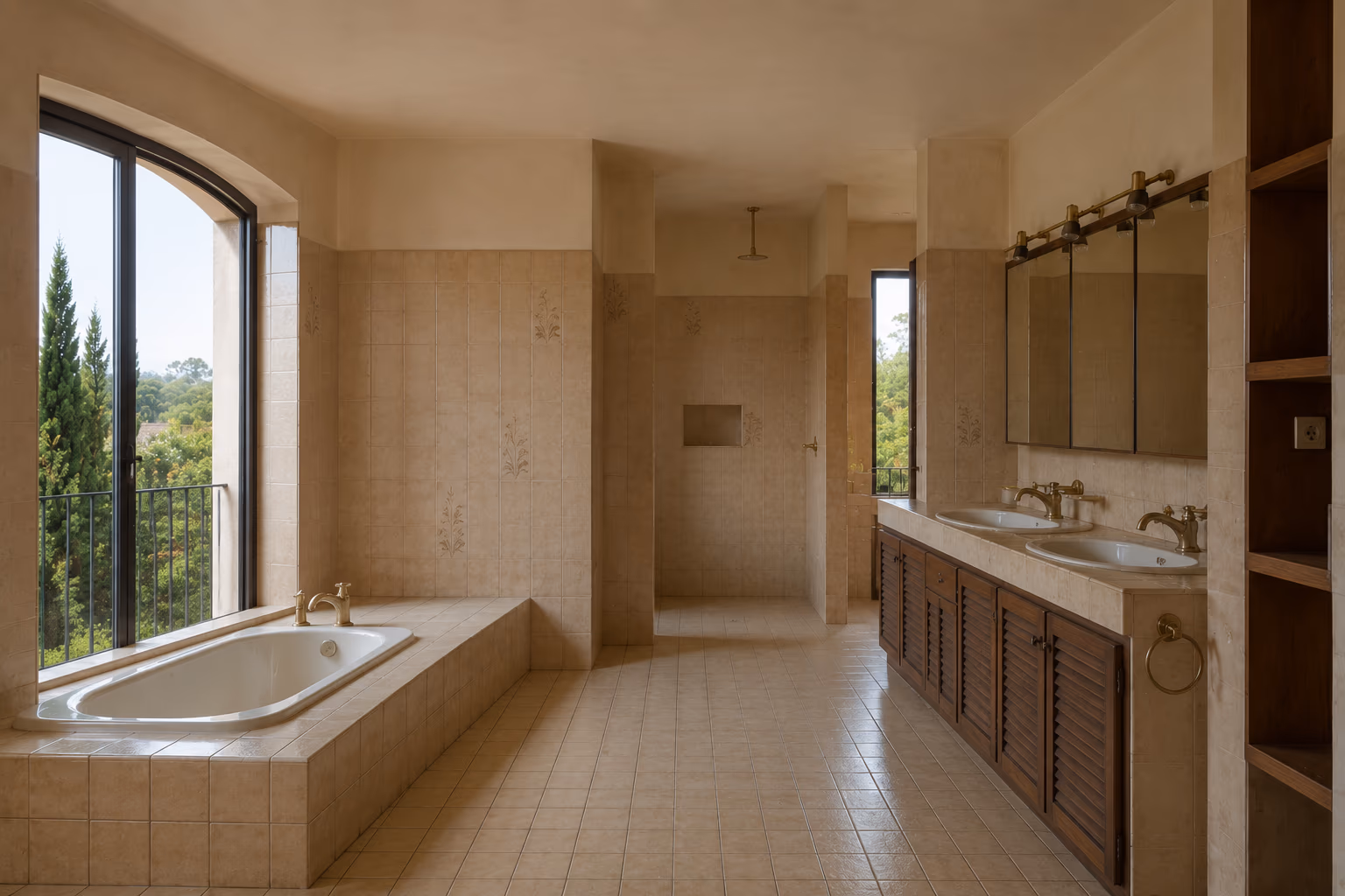 Salle de bain avant rénovation, carrelage daté et finitions vieillissantes — Villa Promenade