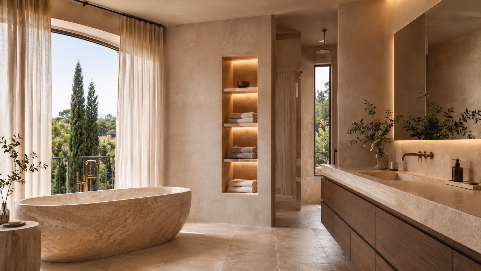 Villa Promenade, Saint-Raphaël — salle de bain de luxe en travertin avec baignoire îlot