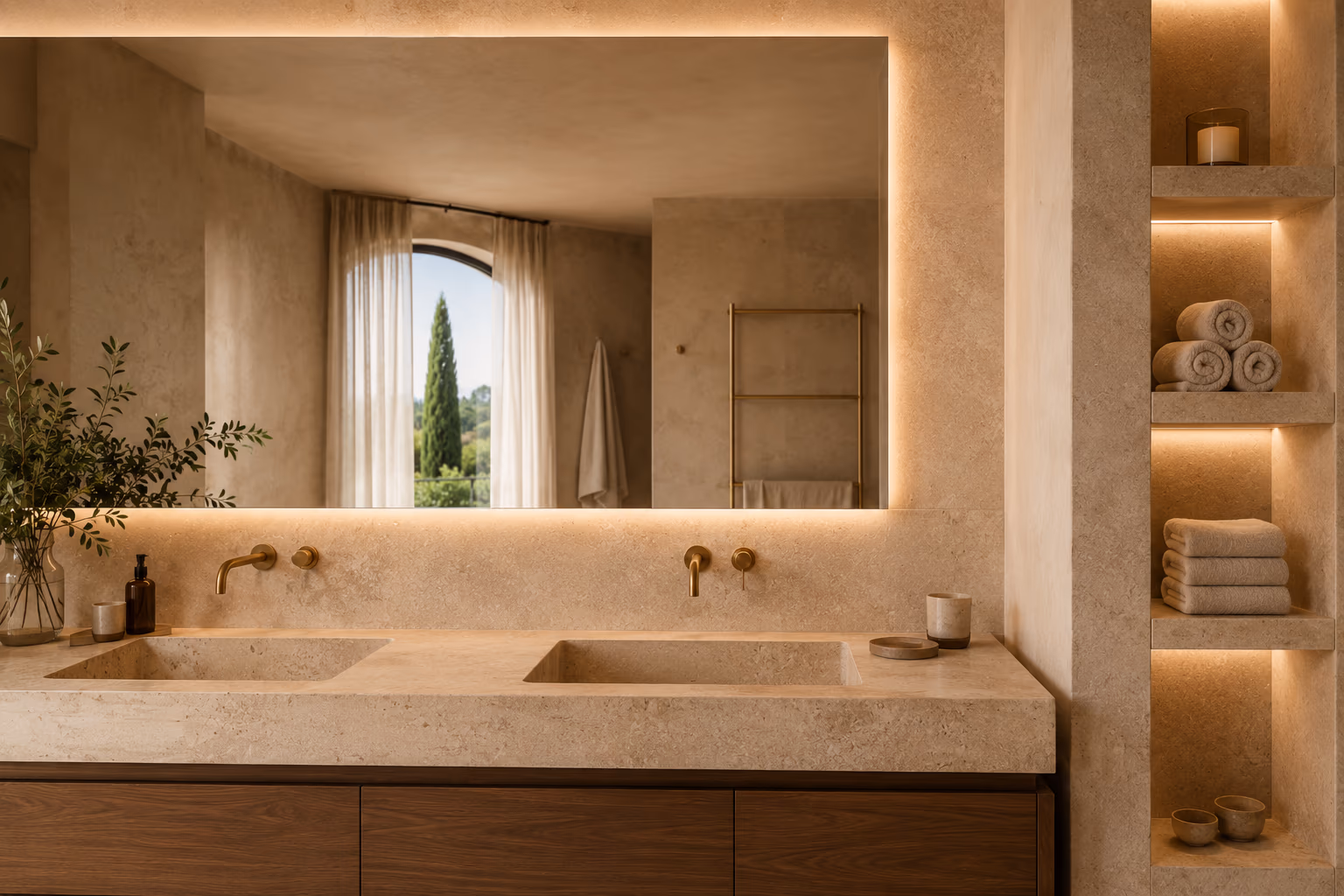 Double vasque sur plan en pierre, miroir lumineux et robinetterie en laiton brossé — Villa Promenade