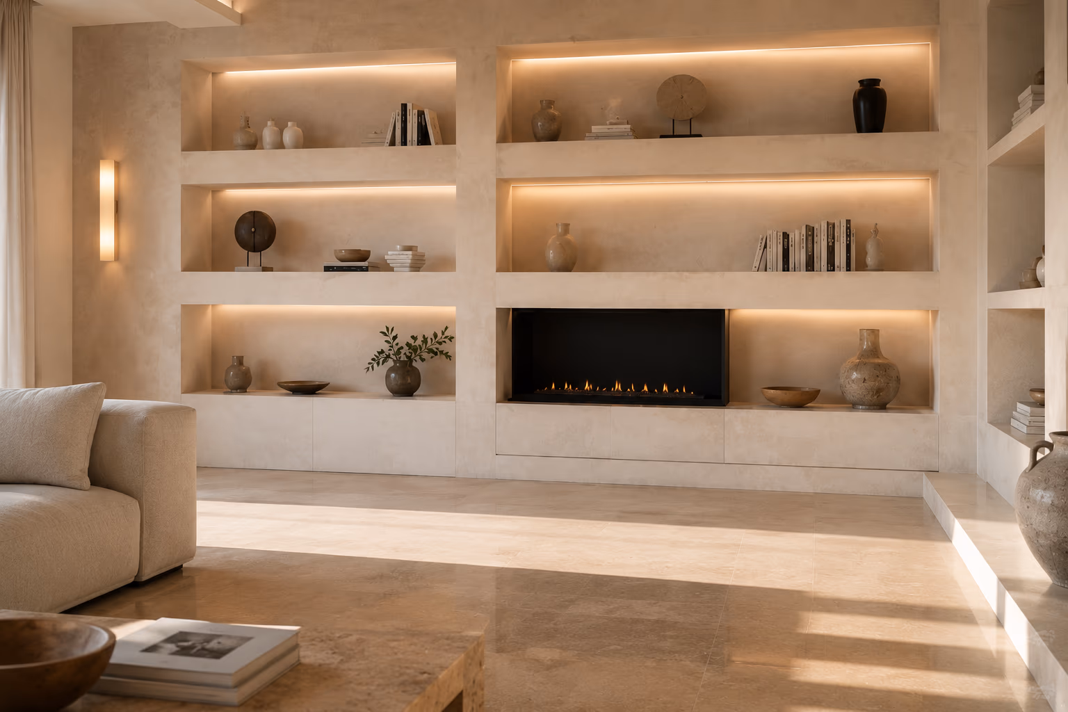 Détail du mur de niches encastrées à éclairage LED chaud et cheminée linéaire — Maison Lumière