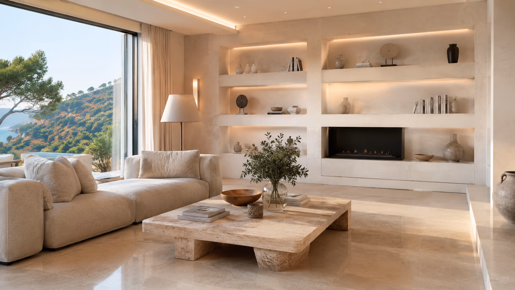 Maison Lumière, Cannes — salon contemporain avec niches murales rétroéclairées et vue mer