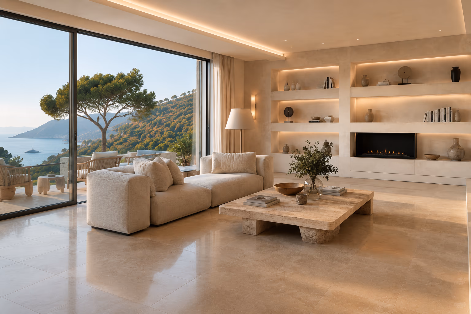 Vue d'ensemble du séjour vers les baies vitrées ouvertes sur la mer — Maison Lumière
