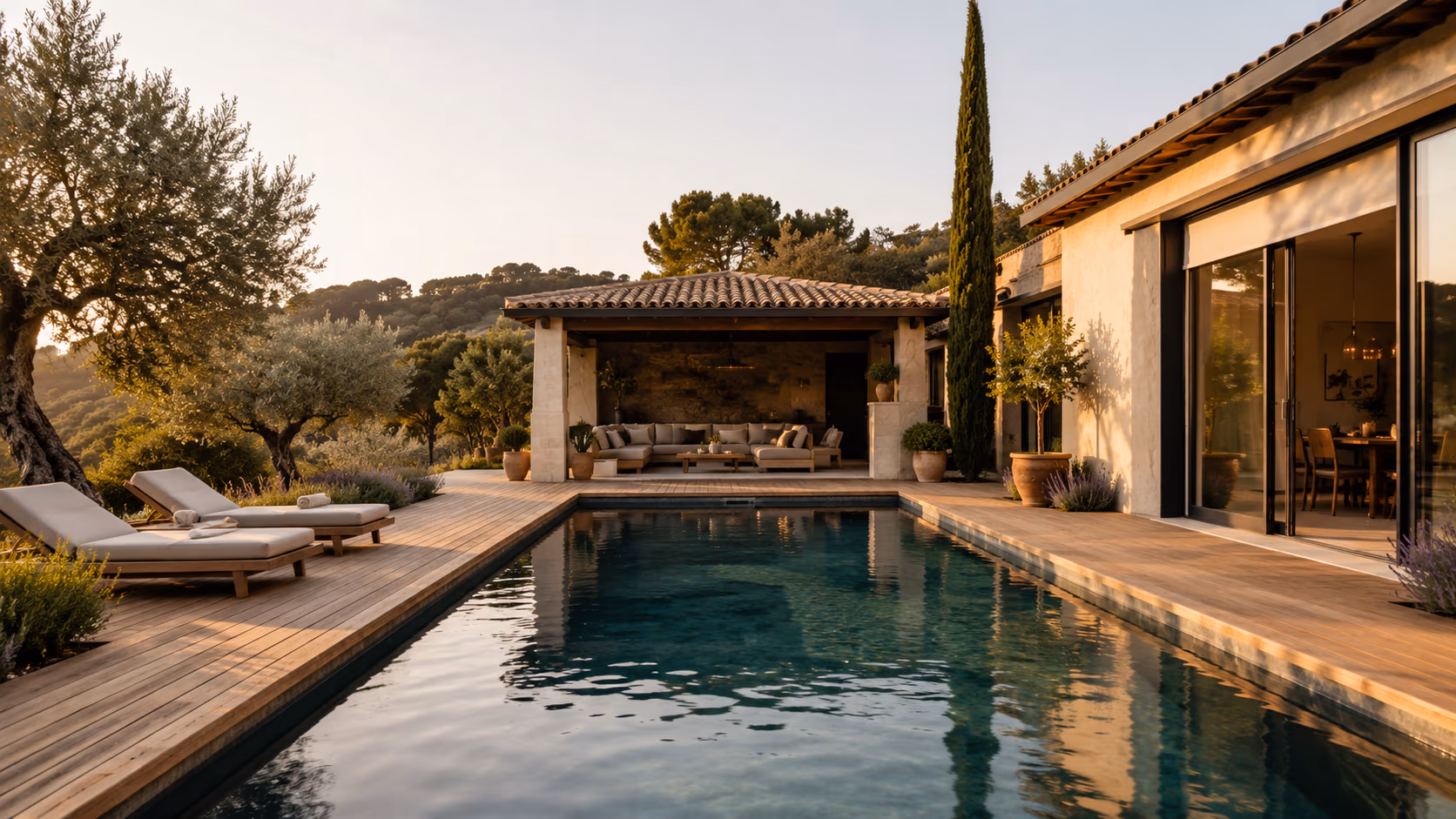 Résidence Le Cap, Saint-Tropez — plage de piscine en bois et pool house au coucher du soleil