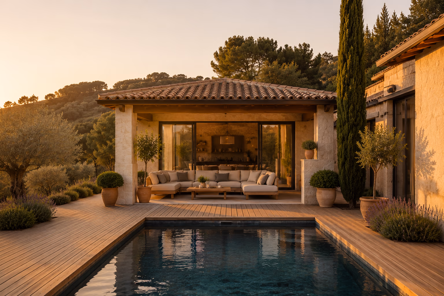Pool house contemporain avec salon couvert ouvert sur la piscine — Résidence Le Cap